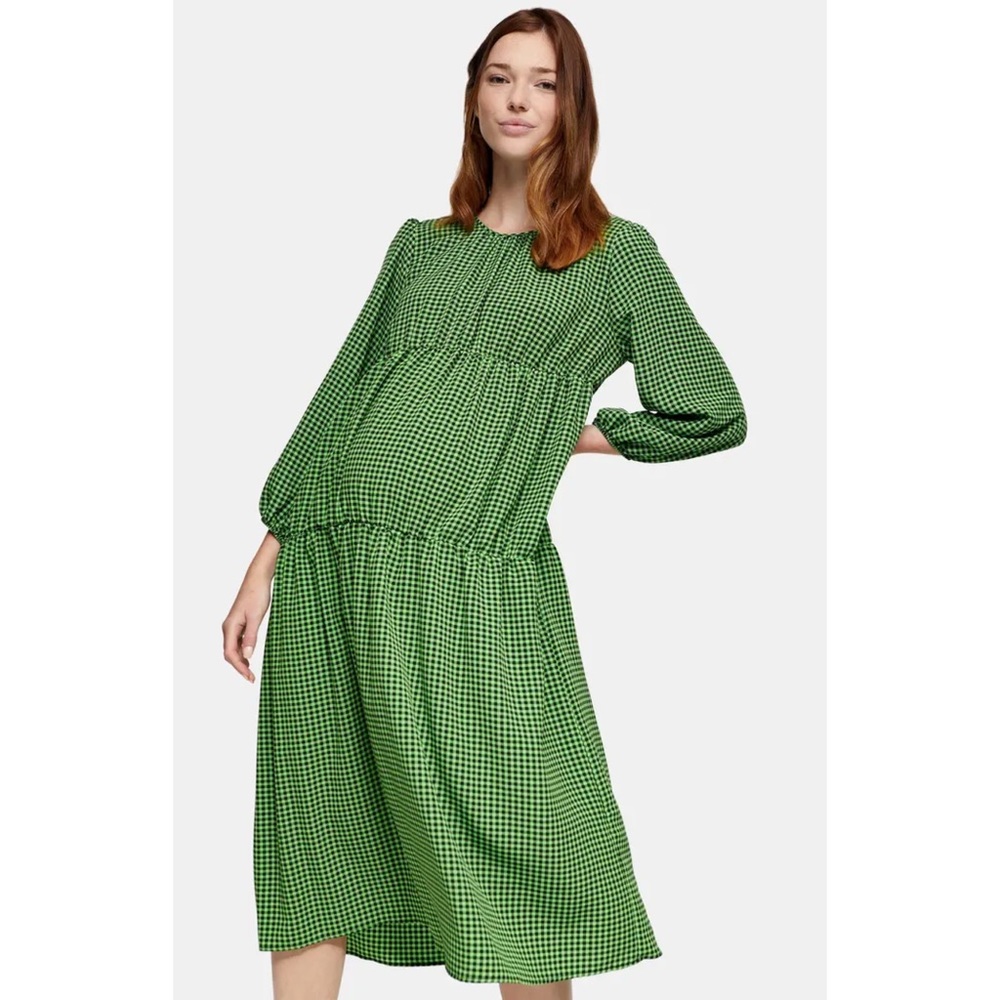 NWT Topshop Gingham Smocked Long Sleeve Maternity Midi Dress Green & Black Sz 4